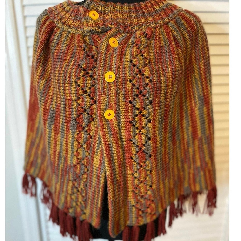 VTG Handmade Knit button up Poncho, Fringe 70s Burnt Orange, gold, gray -Small‎